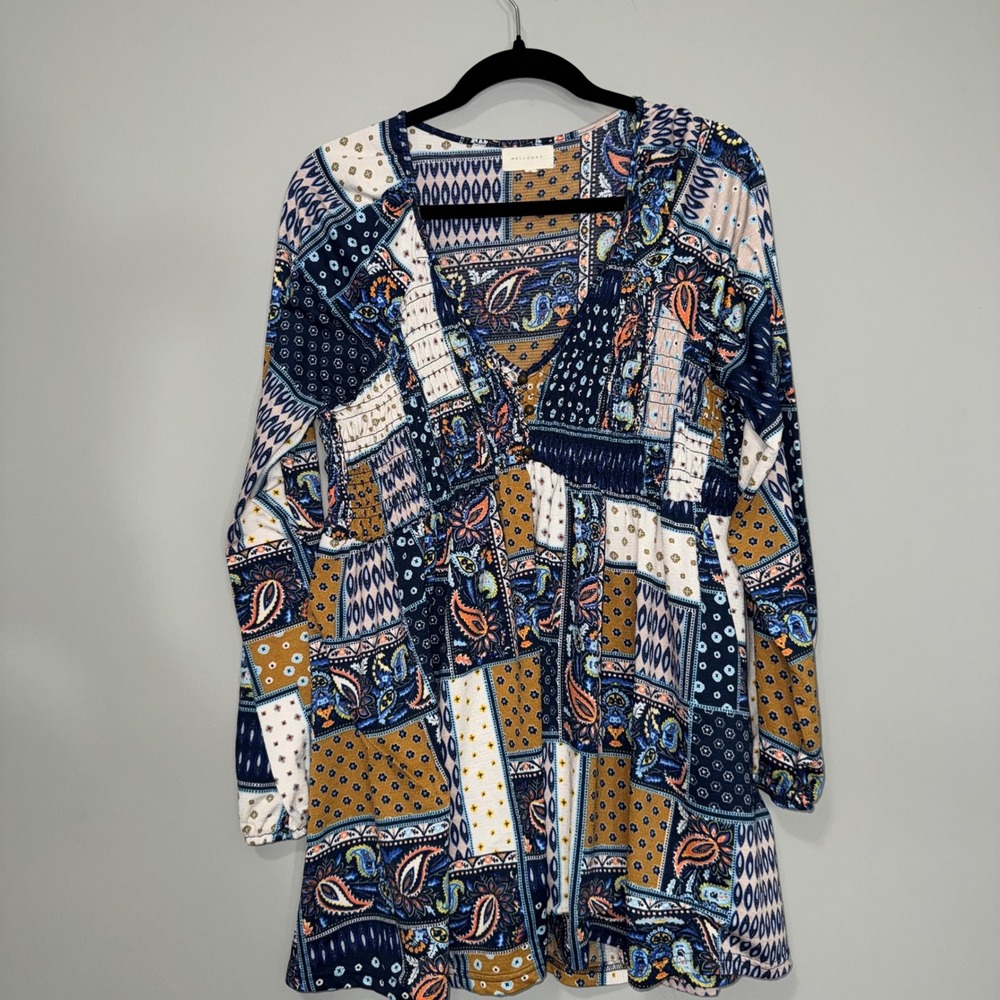 Melloday‎ Womens XL Boho Patchwork Paisley V-Neck Long Sleeve Mini Dress
